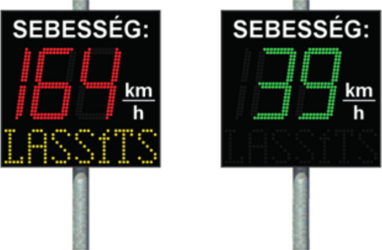 Sebességmérő táblák piros és zöld kijelzéssel